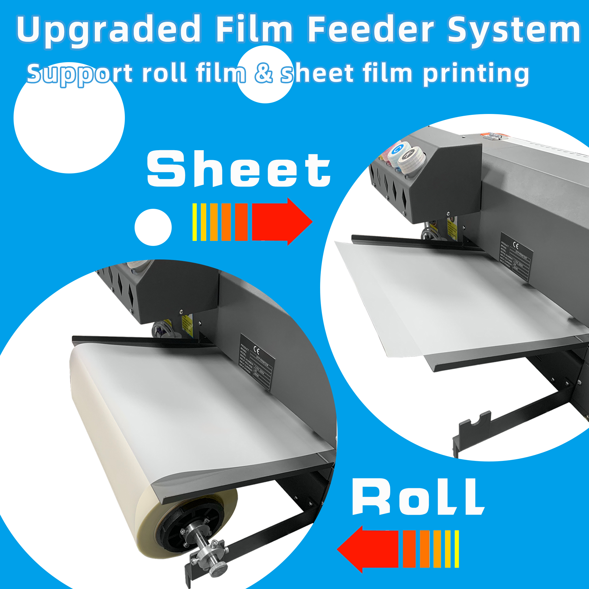 Upgraded film feeder supporting both roll film and sheet film with auto cut